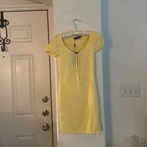 Pretty Little Thing Lemon Ribbed Puff Sleeves With Tie Detail Dress Size 6